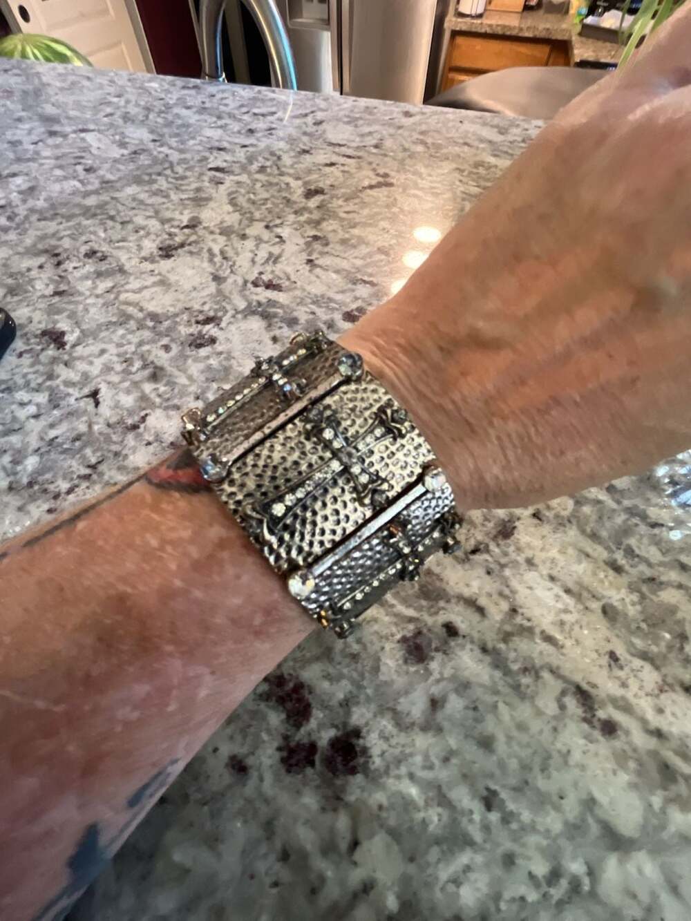 Vintage Industrial Brutalist Wide Cross Cuff Bracelet with Rhinestones